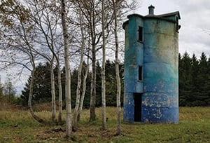Old Blue tower shaped like cylander.