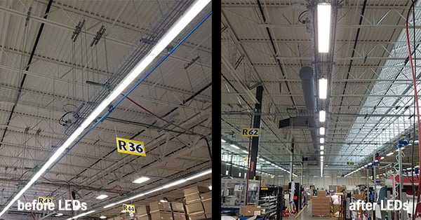 Increased lighting with decreased fixtures with newly installed LED lighting at local manufacturer. 