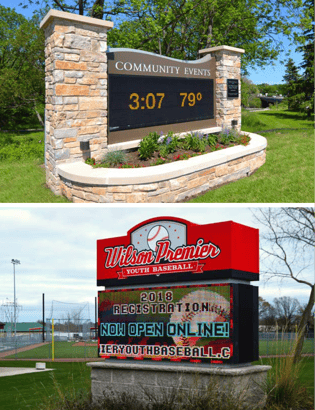 two different custom led signs, one for a baseball field and one for a community